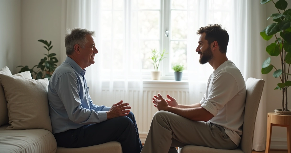Duas pessoas conversando com postura calma em ambiente claro