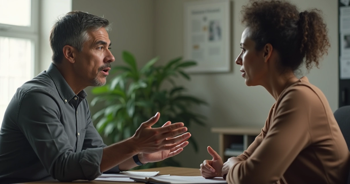 Duas pessoas conversando com postura calma e limites claros