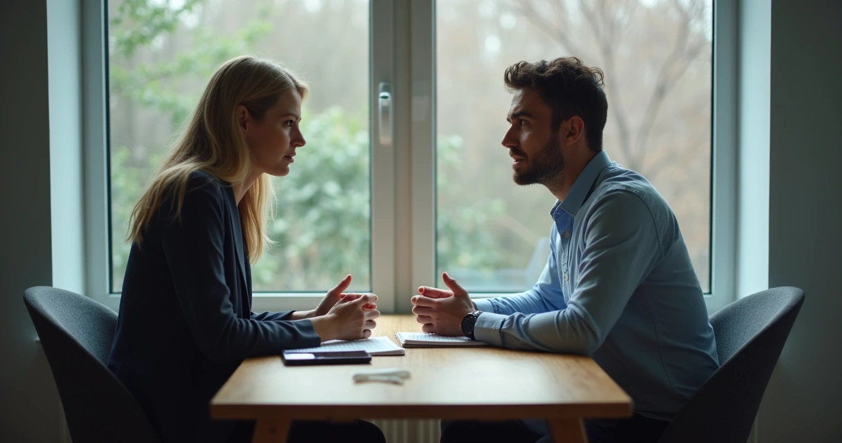 Duas pessoas em conversa tensa com celular e anotações na mesa 