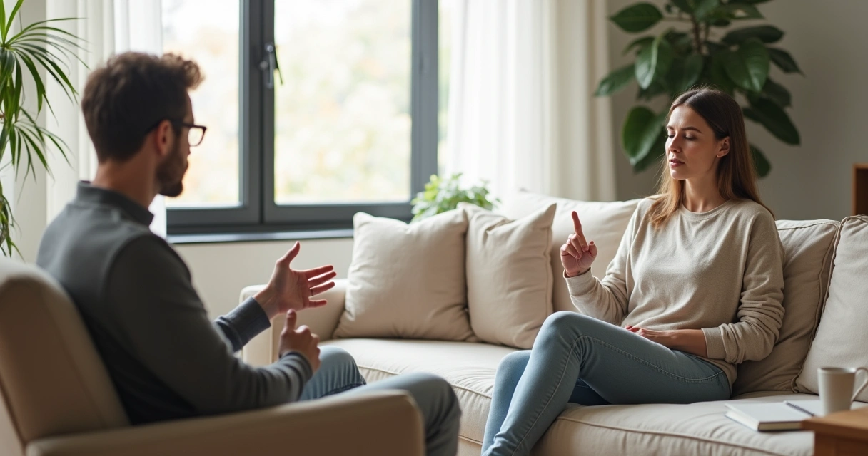 Mulher respirando fundo enquanto conversa com homem em tom controlado em sala de estar 