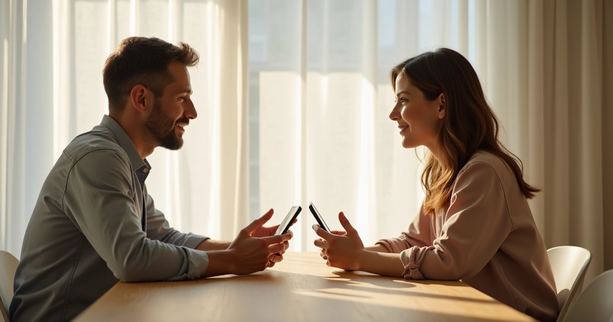Duas pessoas em conversa atenta em mesa clara