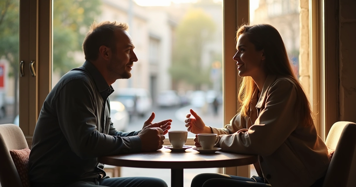 Duas pessoas conversando com calma em uma mesa de café 