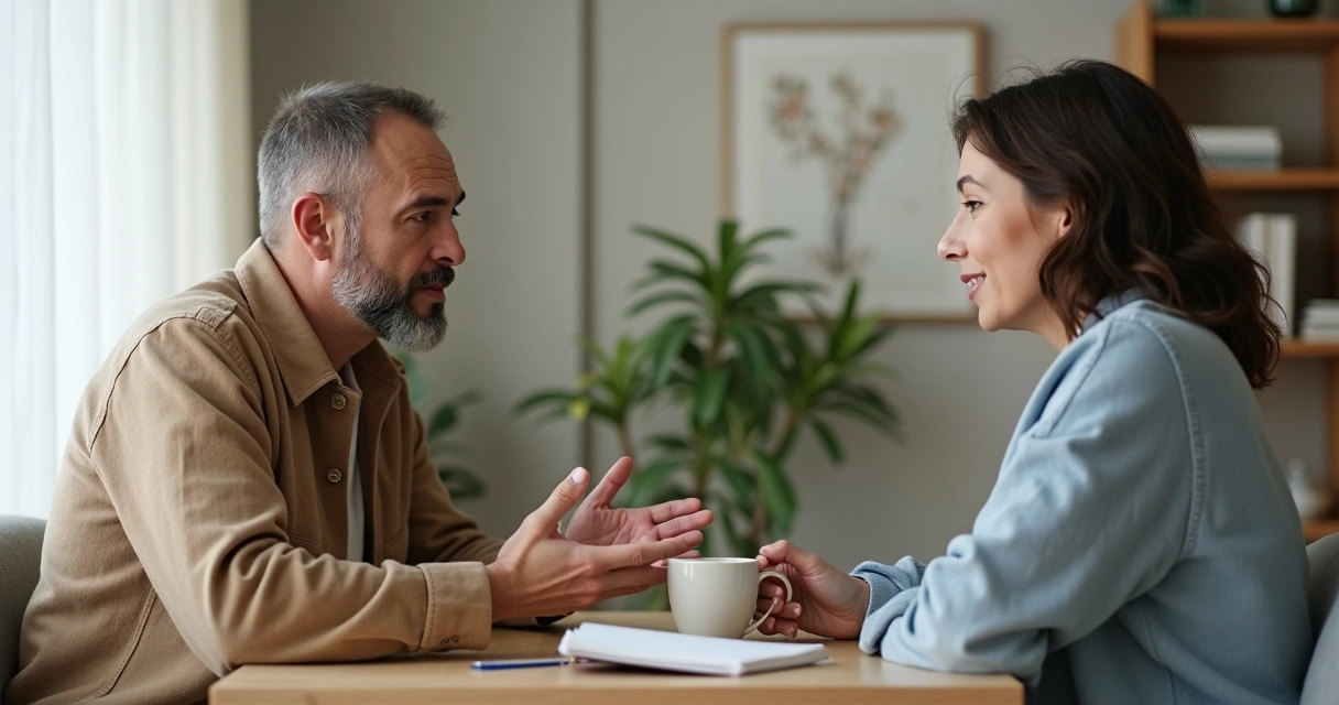 Duas pessoas conversando com calma em uma mesa, praticando compaixão em um conflito do dia a dia 