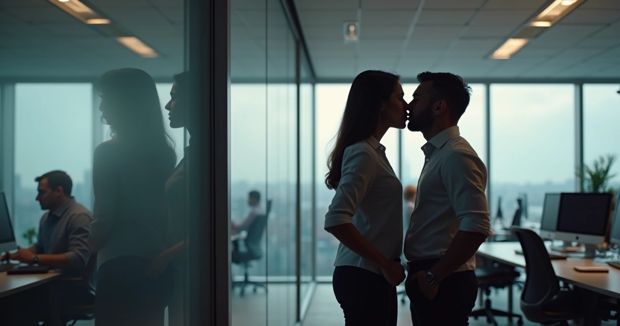 Duas pessoas conversando de forma confidencial em um ambiente de trabalho