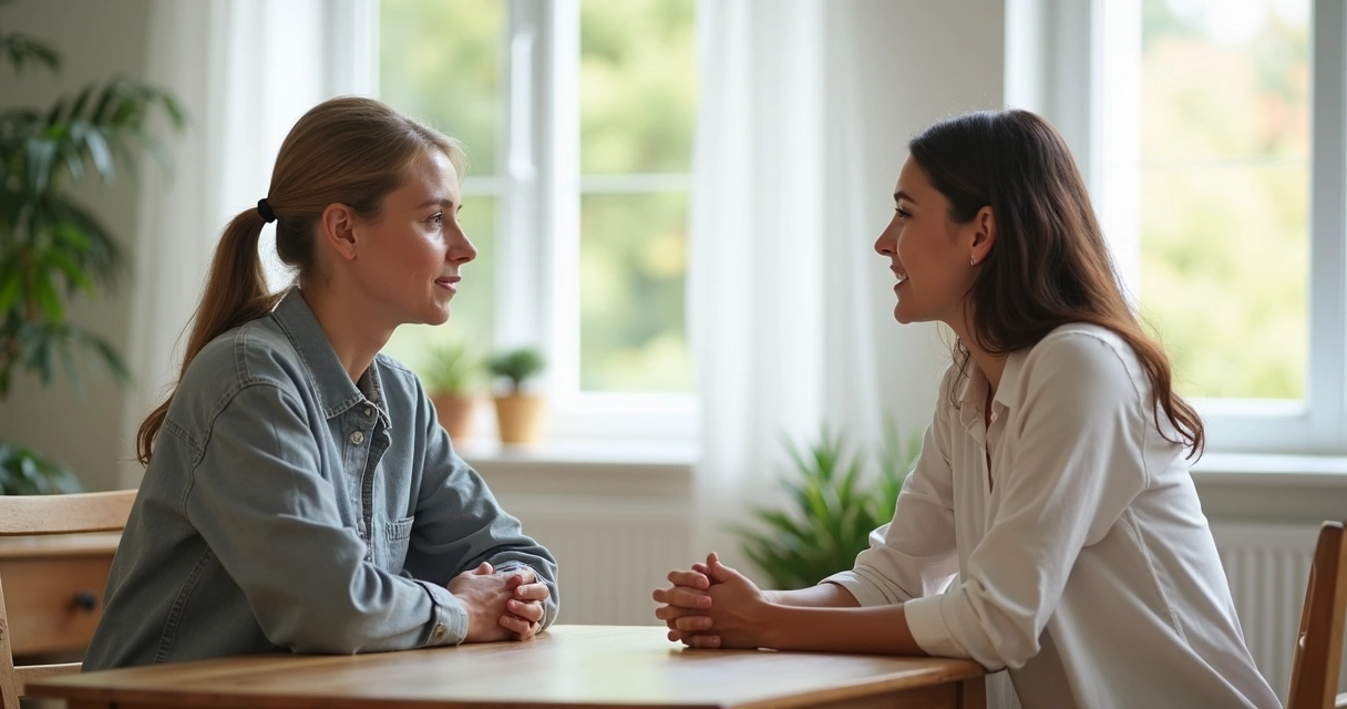 Duas pessoas conversando com atenção em ambiente claro 