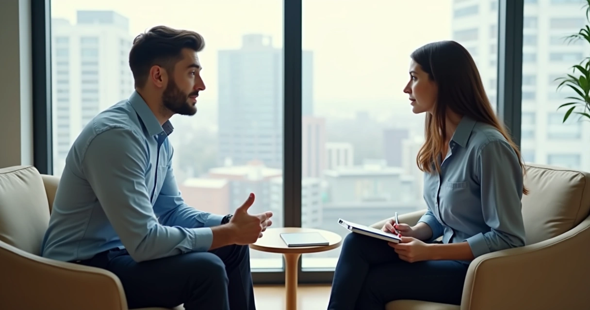 Duas pessoas conversando com calma em ambiente profissional 