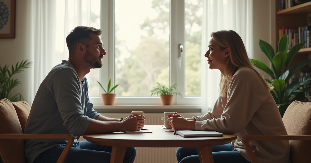 Casal sentado conversando com calma em ambiente iluminado 