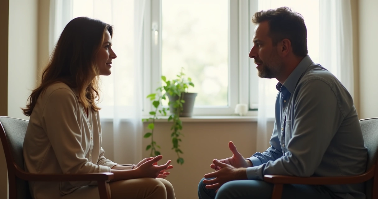 Casal em conversa calma com escuta atenta 