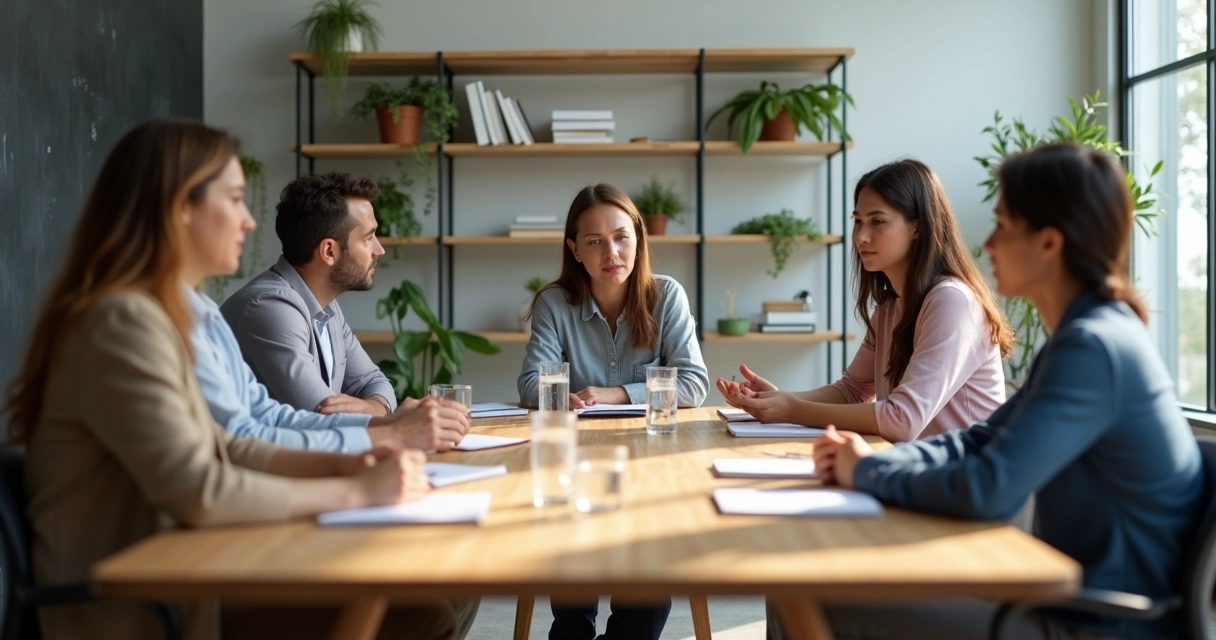 Grupo em conversa atenta ao redor de mesa de trabalho