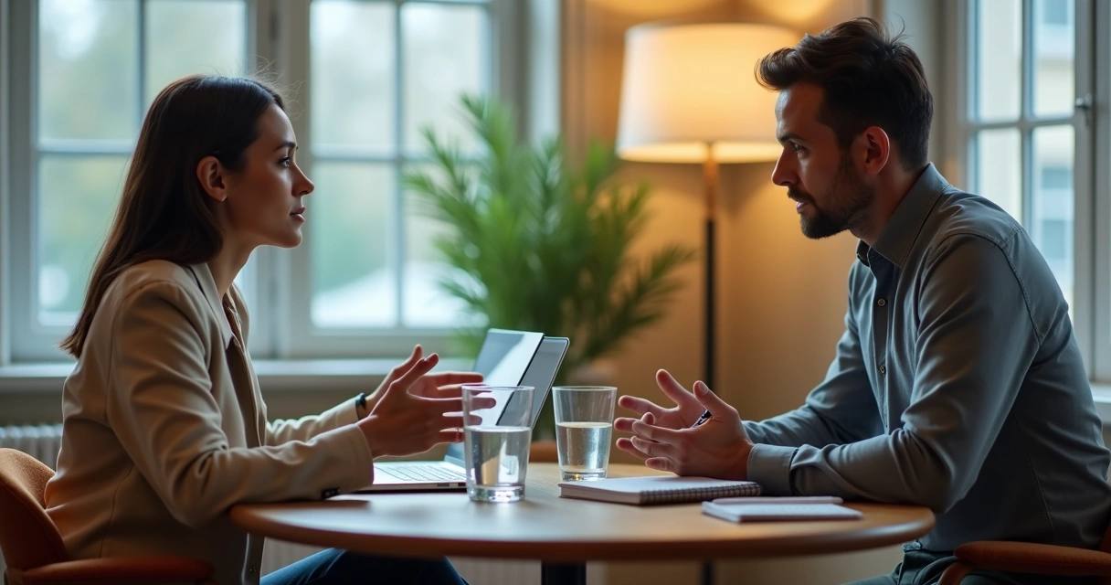 Duas pessoas conversando com calma em uma mesa, evitando um conflito por meio da escuta consciente 