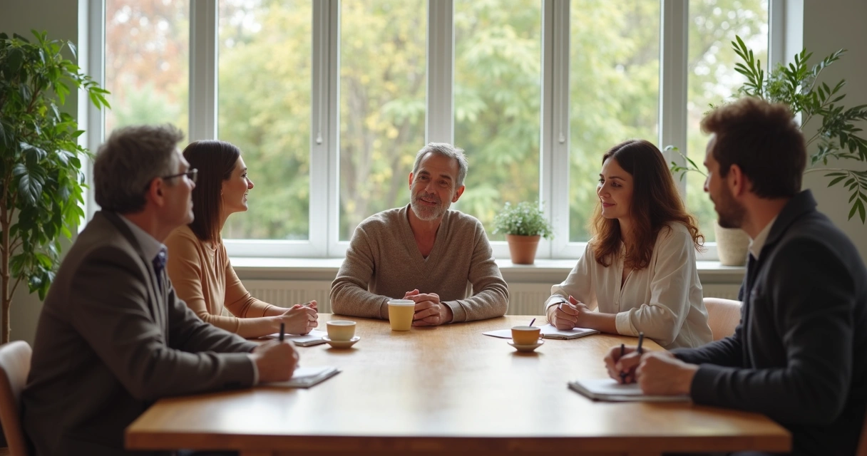 Grupo em conversa atenta ao redor de uma mesa 