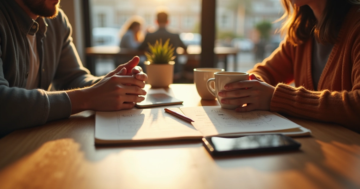Casal conversando com calma em um café enquanto escreve anotações sobre o relacionamento 