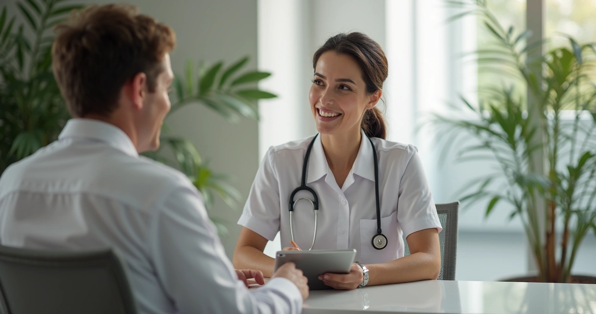 Atendente de clínica sentada conversando de forma consultiva com paciente no consultório, com anotações à mostra na mesa 