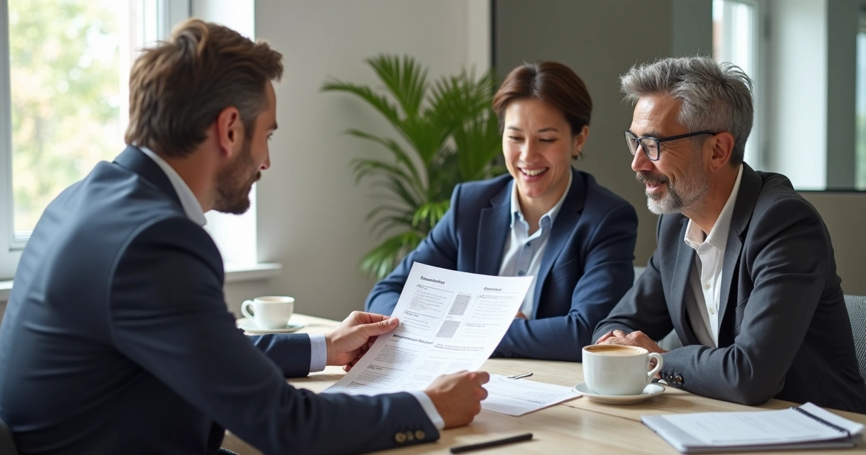 Consultor explicando custos de plano de saúde para casal em escritório 