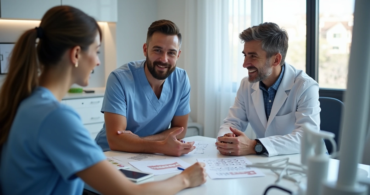 Equipe odontológica explicando o protocolo de lentes para paciente com materiais na mesa