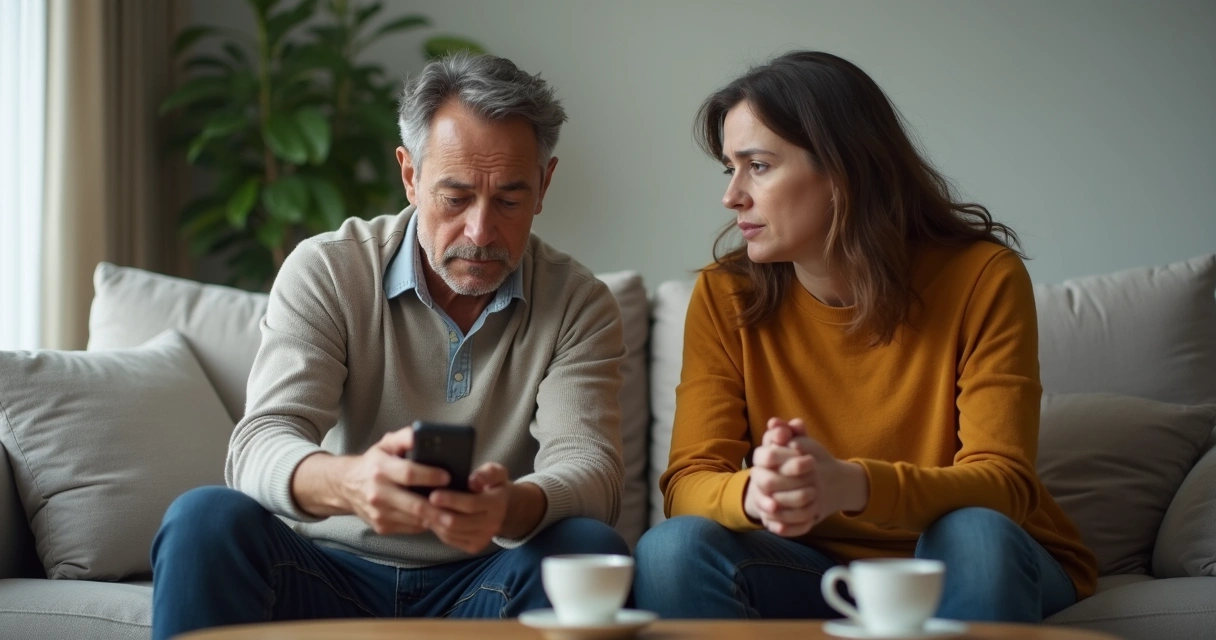 Pessoa em conversa tensa enquanto outra observa o celular 