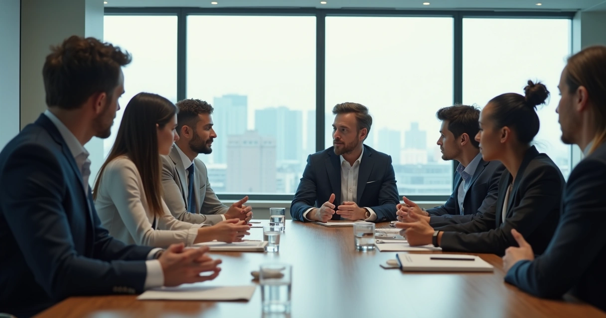 Profissionais de diferentes áreas conversando em uma sala de reunião corporativa 