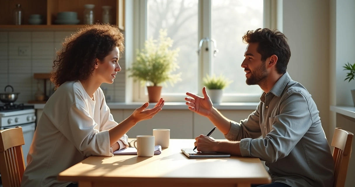 Duas pessoas conversando à mesa com caderno aberto