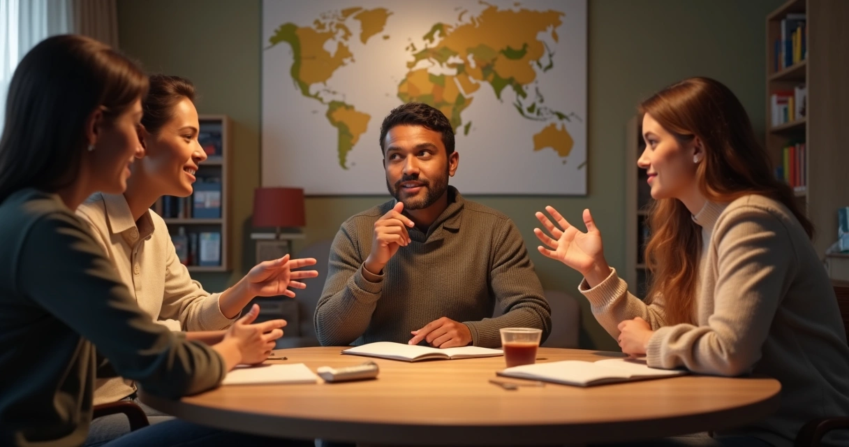 Três pessoas de diferentes origens sentadas conversando em volta de uma mesa