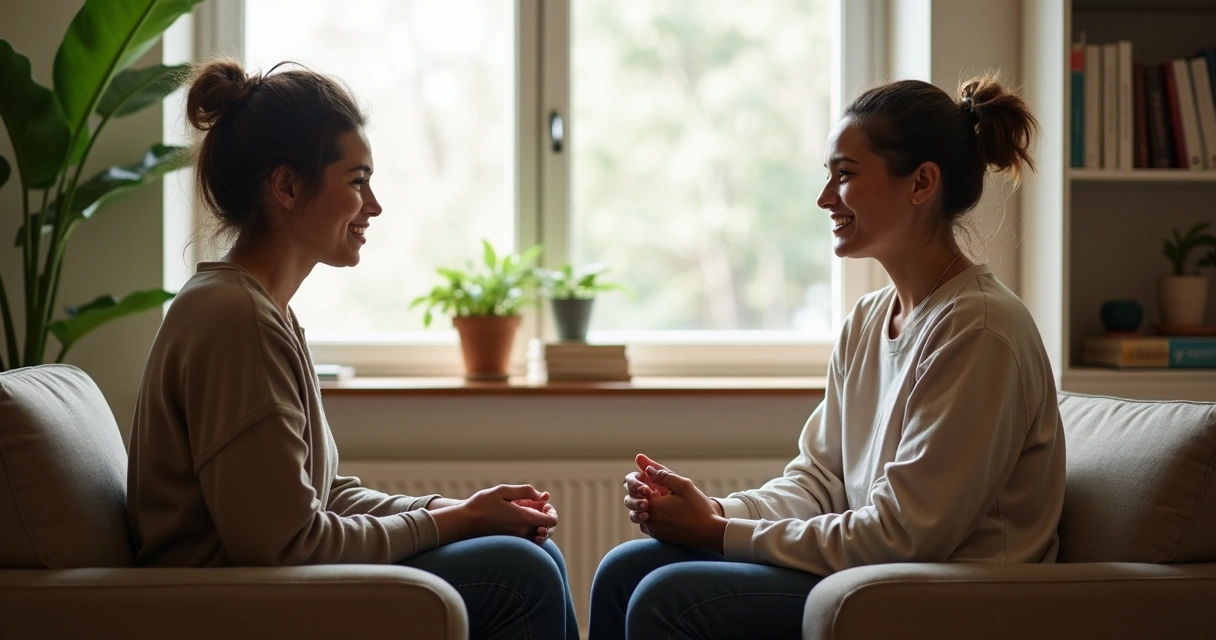 Duas pessoas em conversa acolhedora em ambiente tranquilo 
