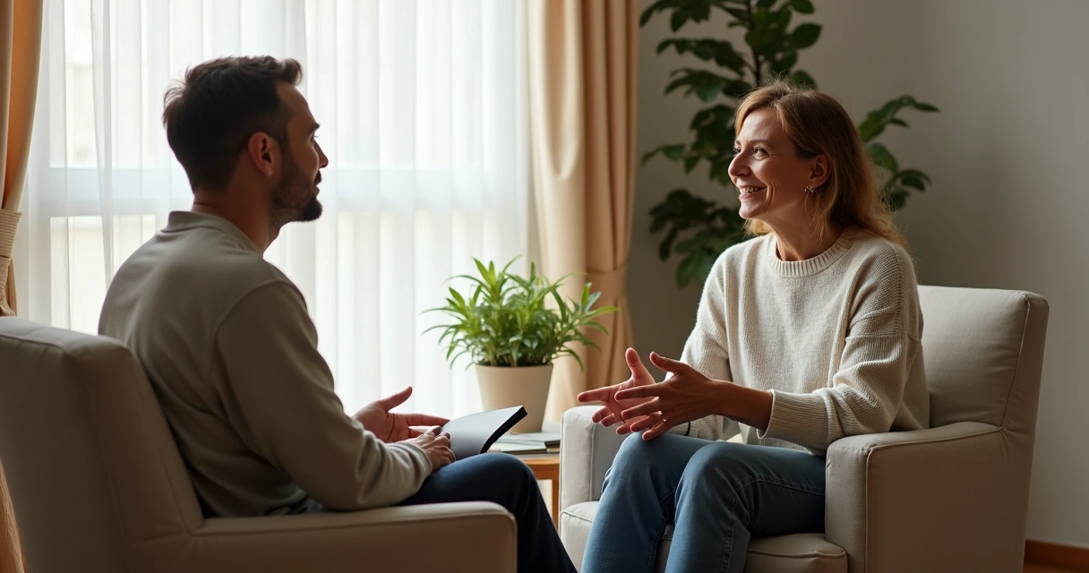 Duas pessoas em conversa acolhedora em ambiente calmo 