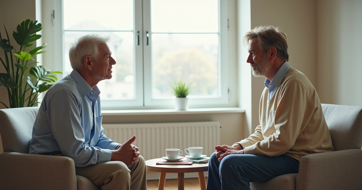 Duas pessoas em conversa atenta em ambiente claro 