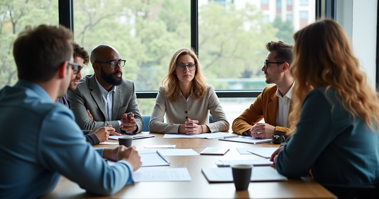 Pessoa falando em reunião de equipe, todos ouvindo com atenção