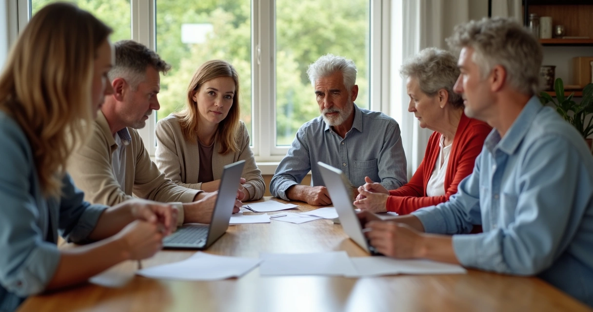Reunião informal entre membros de uma equipe familiar conversando ao redor de uma mesa de madeira. 