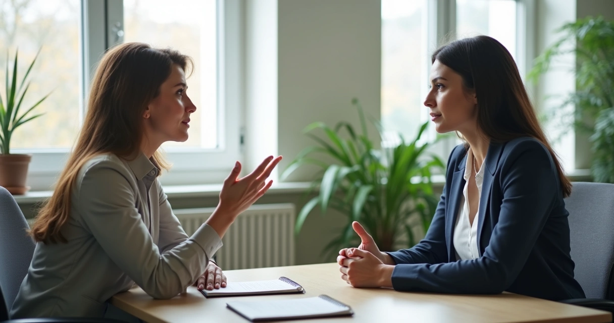 Duas pessoas em conversa de feedback no escritório 