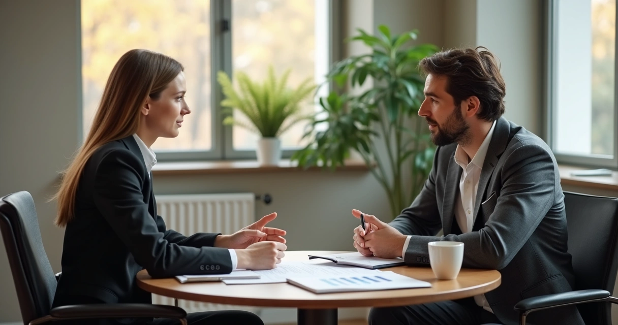 Duas pessoas em conversa de feedback no escritório