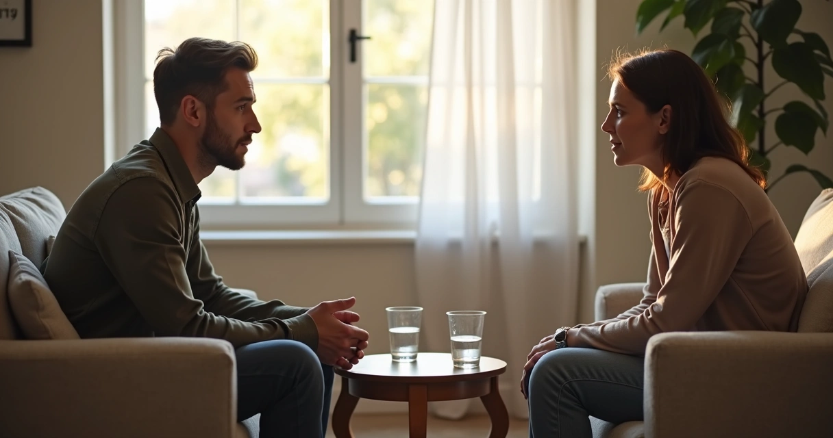 Duas pessoas conversando em ambiente acolhedor após conflito 