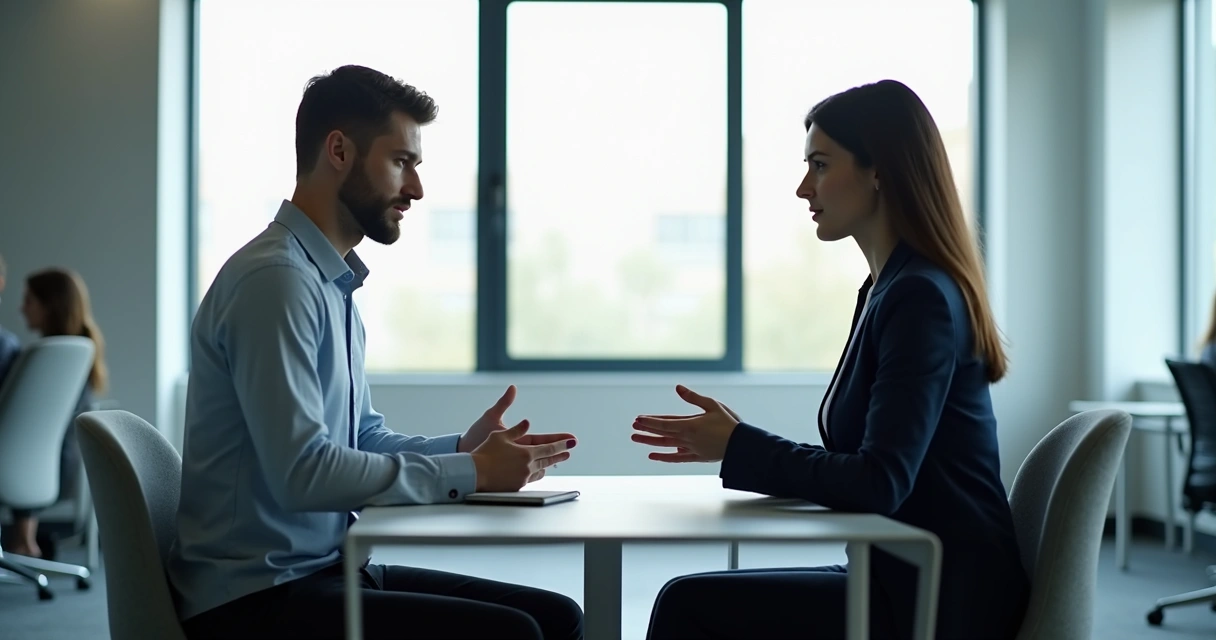 Duas pessoas sentadas frente a frente conversando de maneira séria 