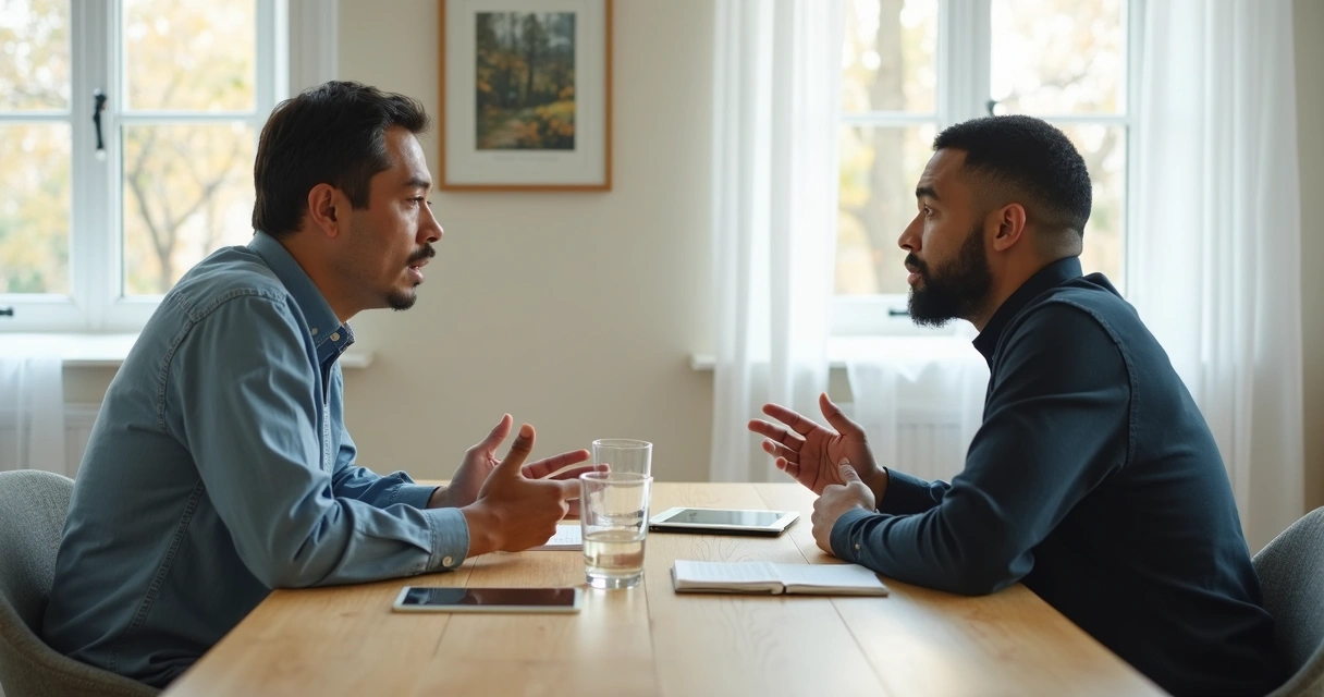 Duas pessoas conversando com seriedade em mesa clara 