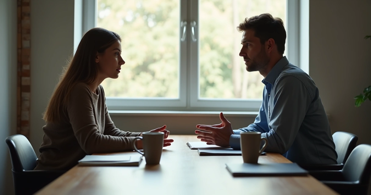 Duas pessoas em conversa séria à mesa 