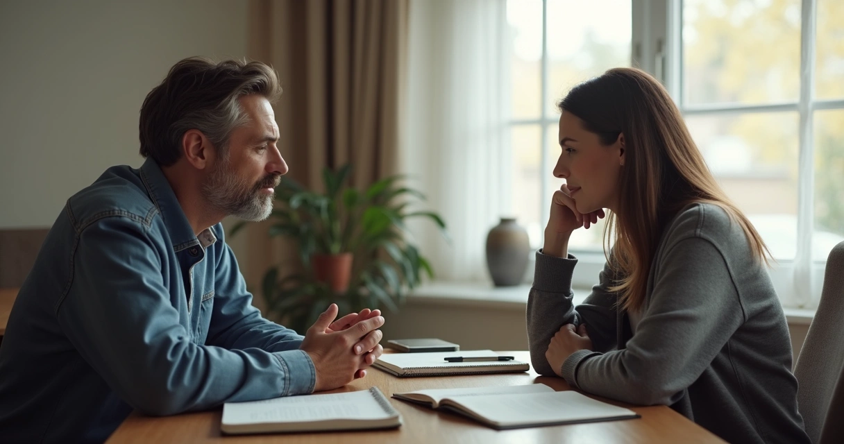 Duas pessoas conversando com caderno aberto sobre escolhas pessoais 