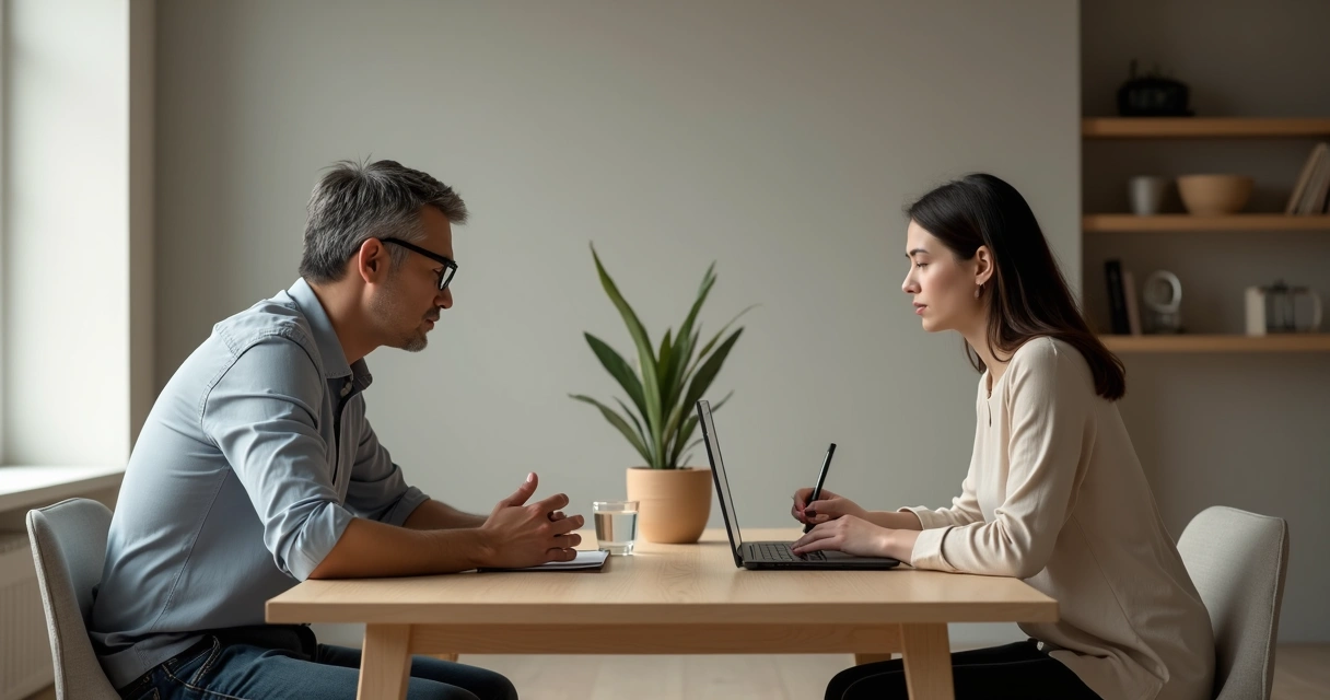 Duas pessoas sentadas frente a frente em mesa de reunião evitando contato visual 