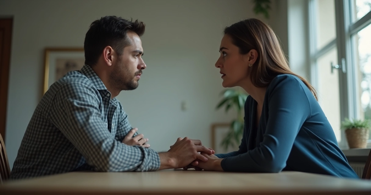 Duas pessoas sentadas frente a frente, uma com expressão fechada e outra ouvindo com calma 