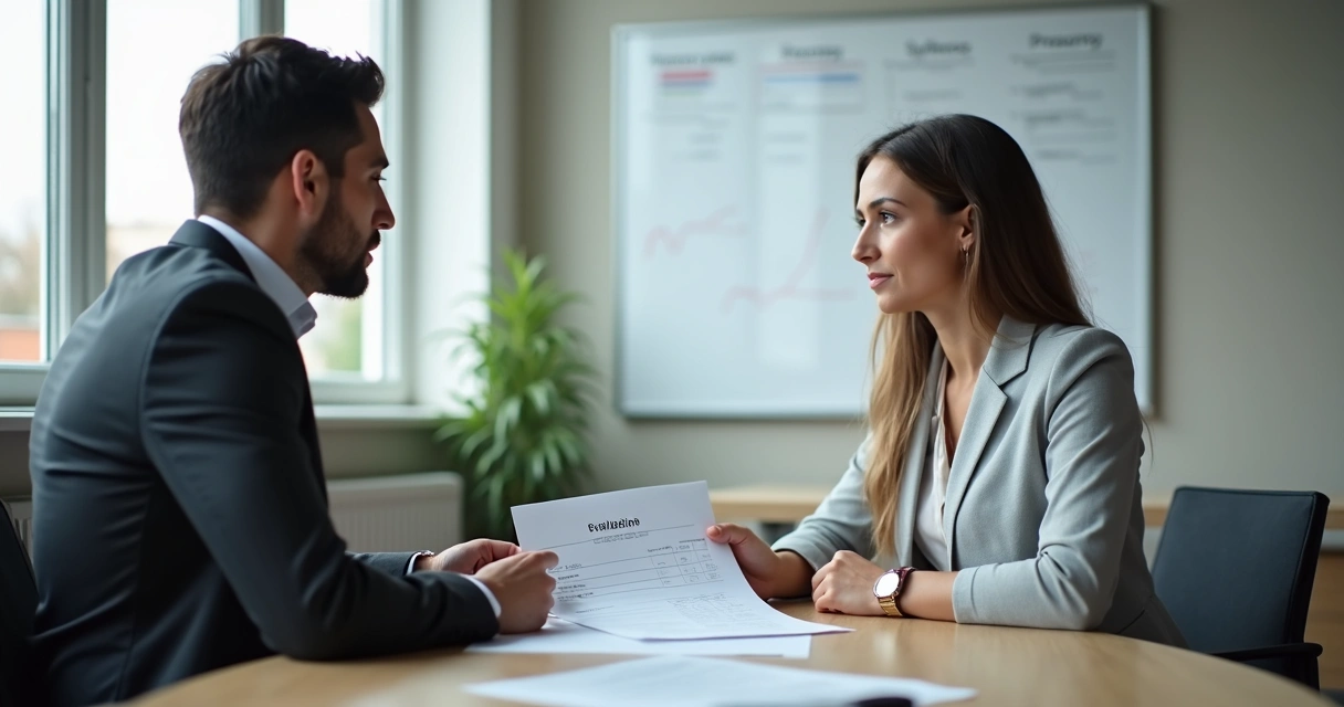 Líder conversando sobre avaliação com colaborador em PME 