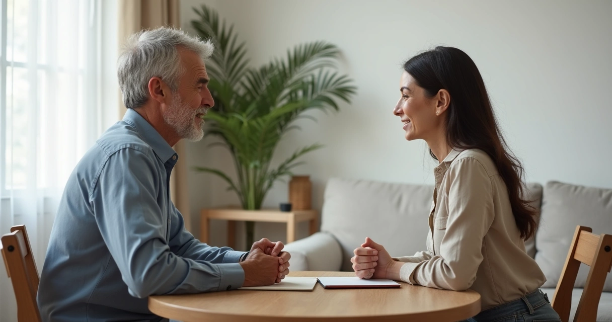 Dois adultos conversando de maneira respeitosa sentados à mesa 