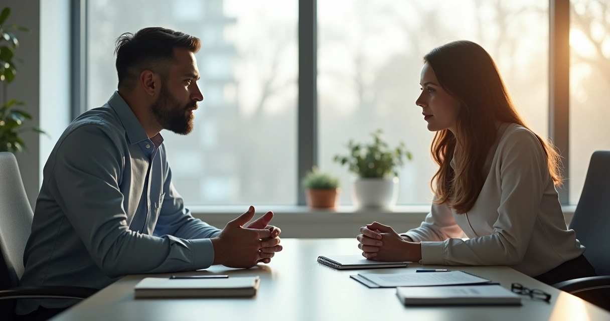 Duas pessoas conversando calmamente em mesa de escritório 
