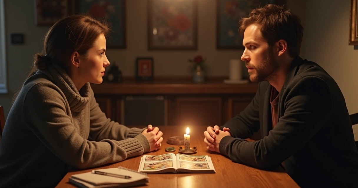 Casal conversando francamente na mesa com cartas de tarot ao fundo 
