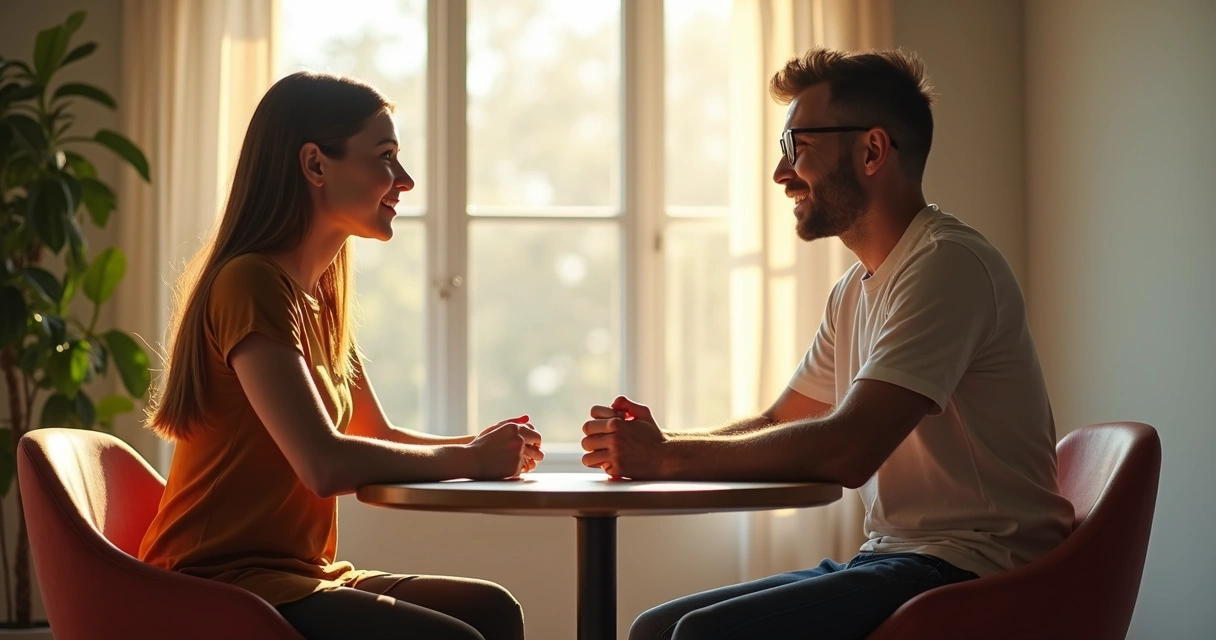 Duas pessoas conversando, sentadas à mesa, durante reunião íntima 