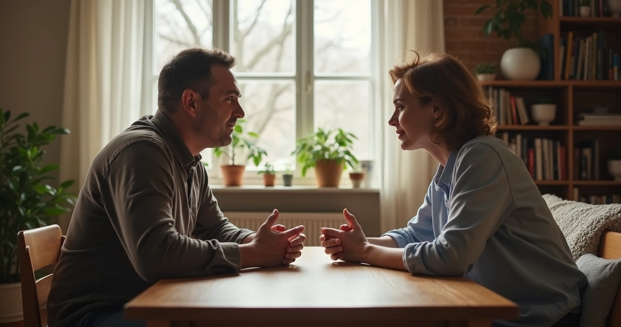 Duas pessoas sentadas em uma sala, conversando olho no olho com expressão séria e aberta, mesa de madeira entre elas, luz natural entrando por uma janela ao fundo 
