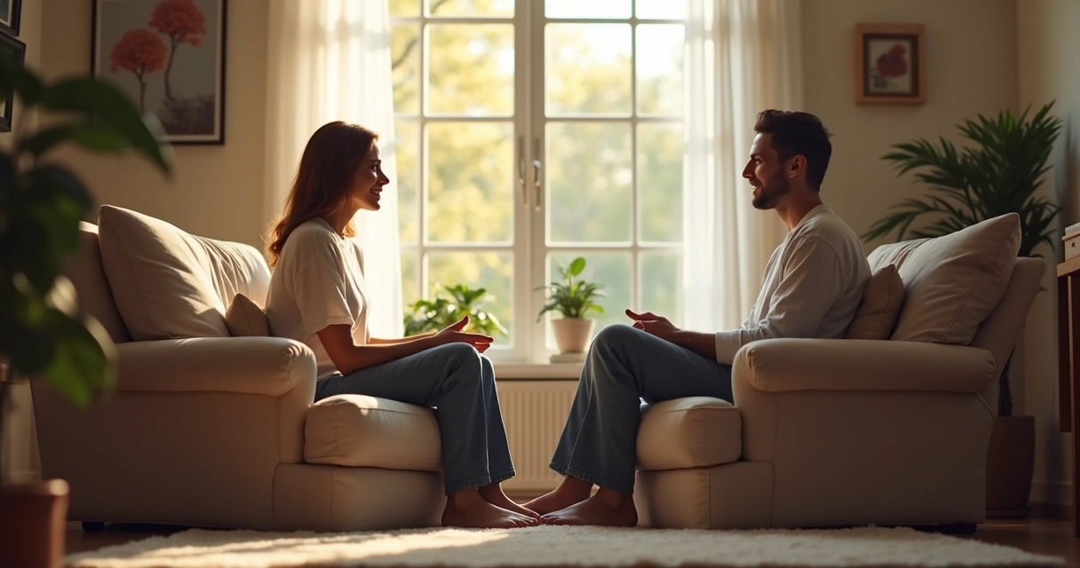 Duas pessoas conversando calmamente em uma sala de estar com luz suave e poucas palavras trocadas 