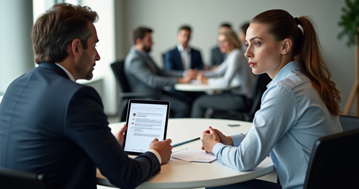 Gestor conversa sério com funcionário, expressão neutra, apoio digital discreto.