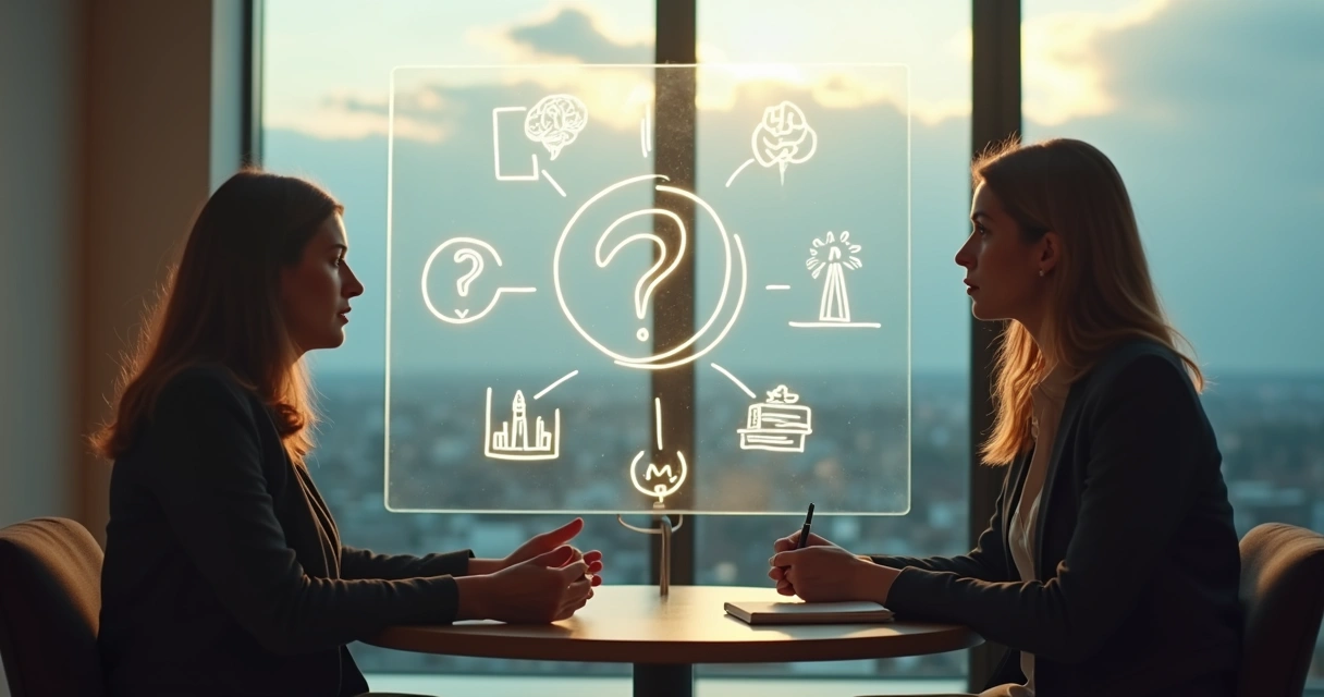 Duas pessoas conversam em frente a quadro translúcido com perguntas destacadas 