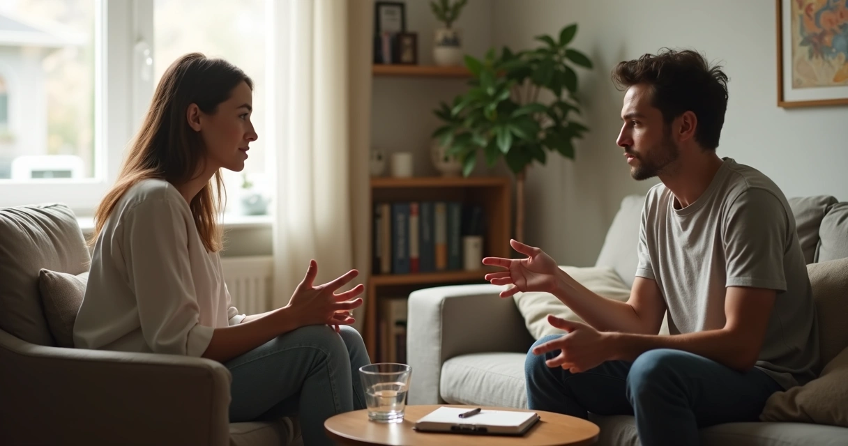 Duas pessoas conversando com calma em uma sala aconchegante 