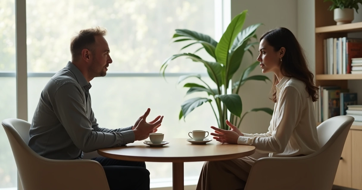 Duas pessoas conversando em sala clara com expressão serena e postura aberta 