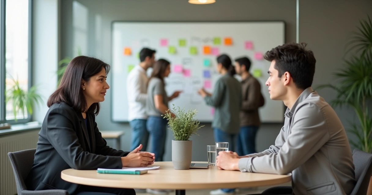 Duas pessoas conversando em mesa de reunião com ambiente multicultural ao fundo 