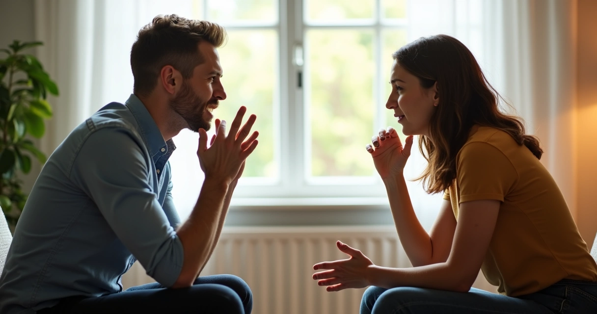 Duas pessoas sentadas frente a frente em uma sala iluminada, conversando e demonstrando emoções misturadas no rosto